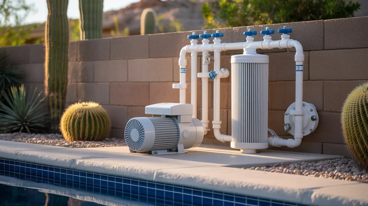 A tidy residential pool equipment pad with a pump, cartridge filter and PVC plumbing in a Sonoran desert backyard at golden hour