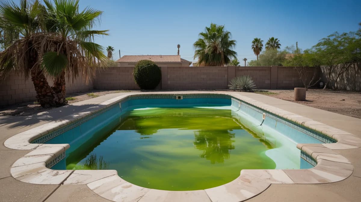 A neglected backyard swimming pool with cloudy green algae-tinted water under bright Arizona sun