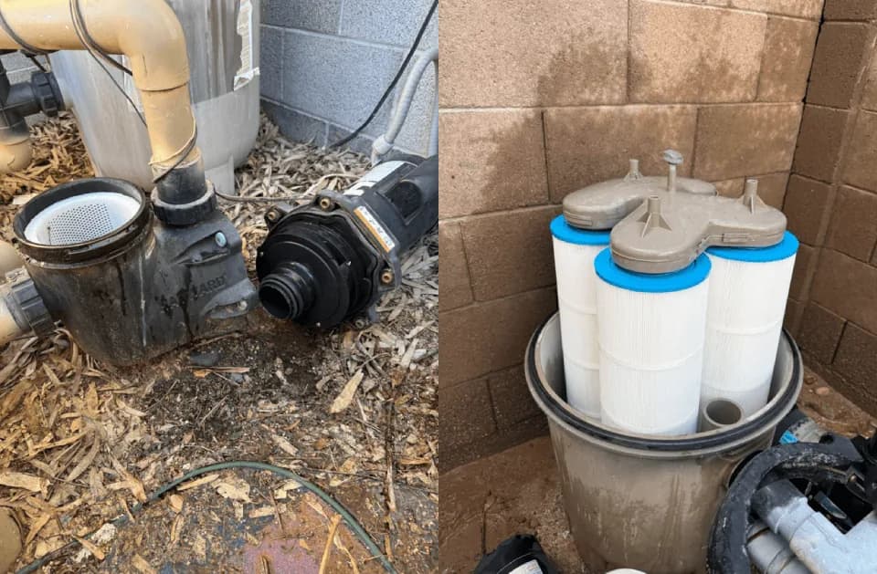 Pool pump motor detached from its housing beside a replacement unit, and a set of cartridge filters lifted out of a filter tank