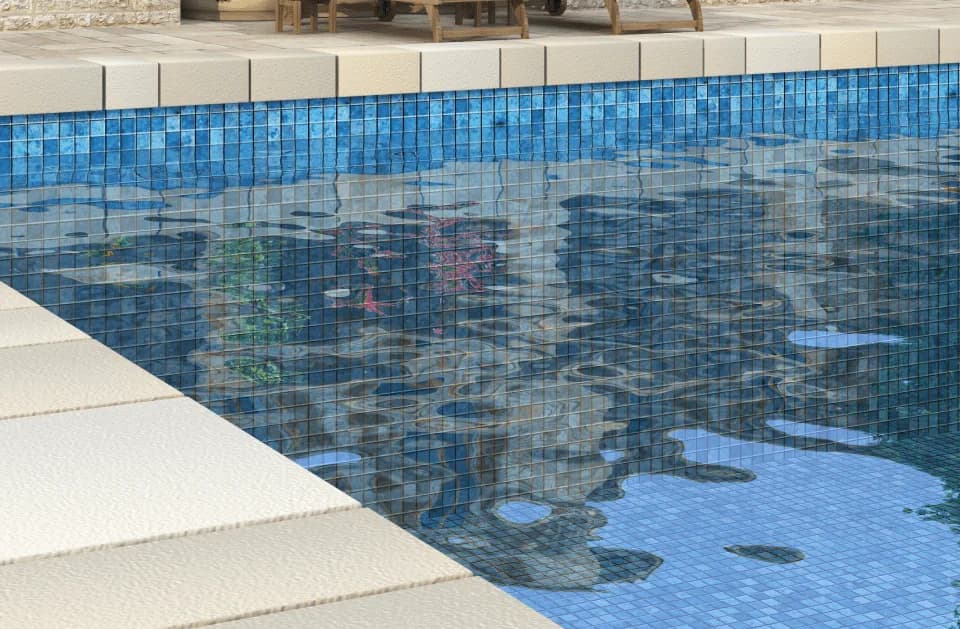 Backyard swimming pool with steps leading into clear blue water